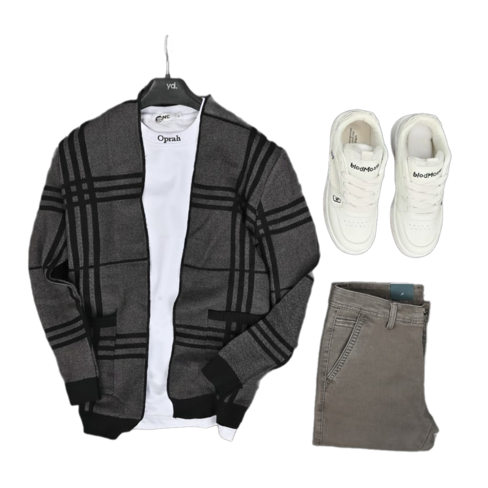 طقم رجالي مكون من جاكت  ناعم ودافئ مفتوح من الأمام