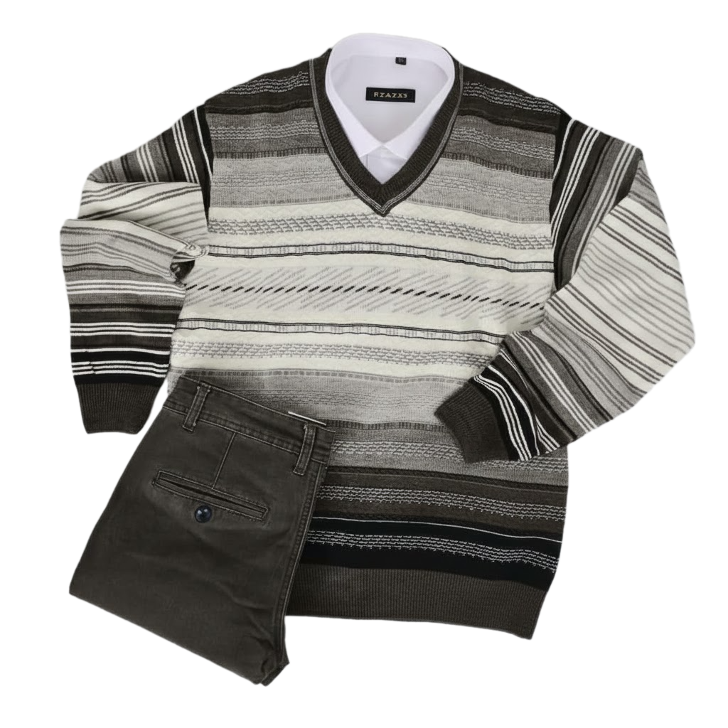 طقم شتوي رجالي - سويتر مخطط مع قميص داخلي وبنطال ك