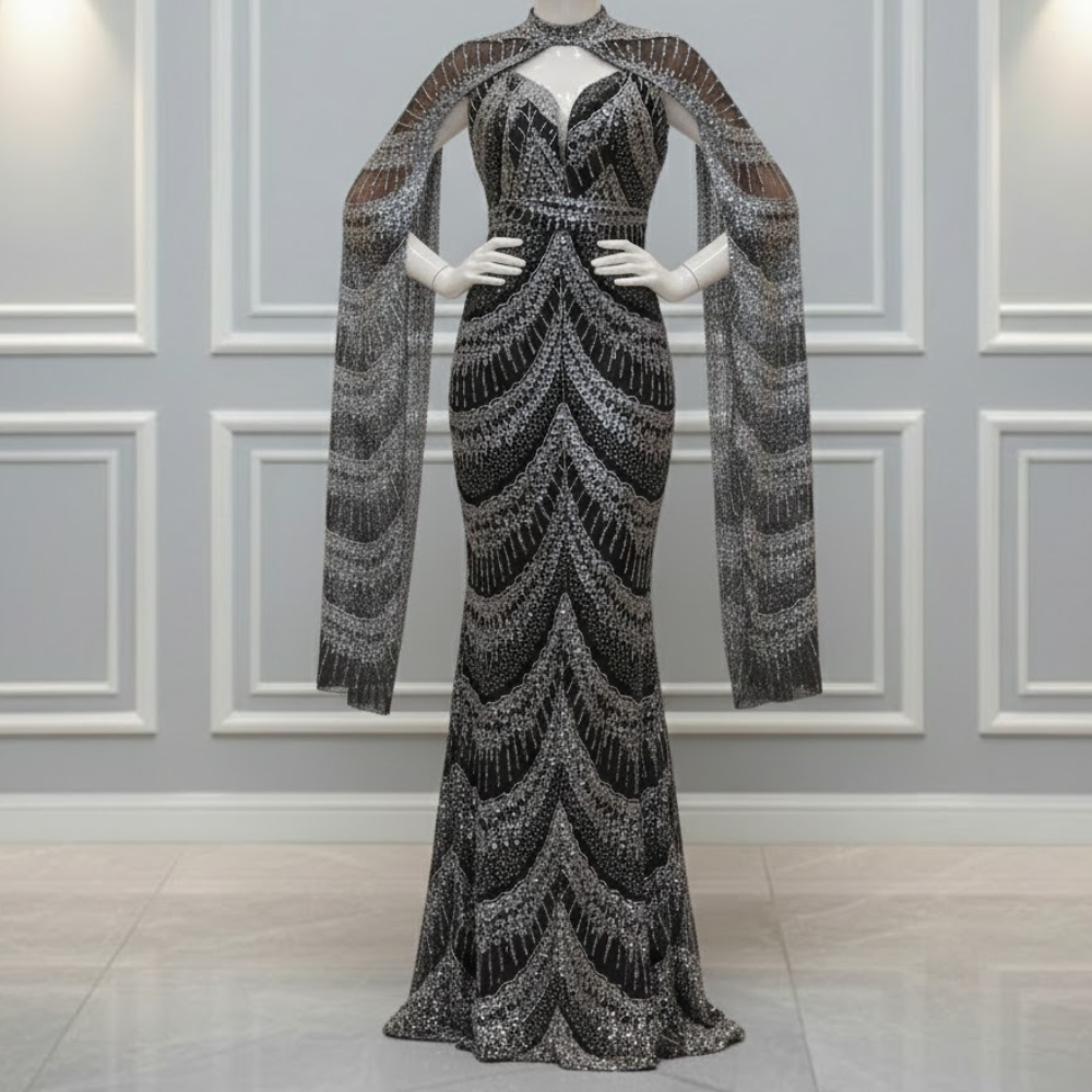 فستان سهرة طويل بأكمام مُتدلية وطويلة