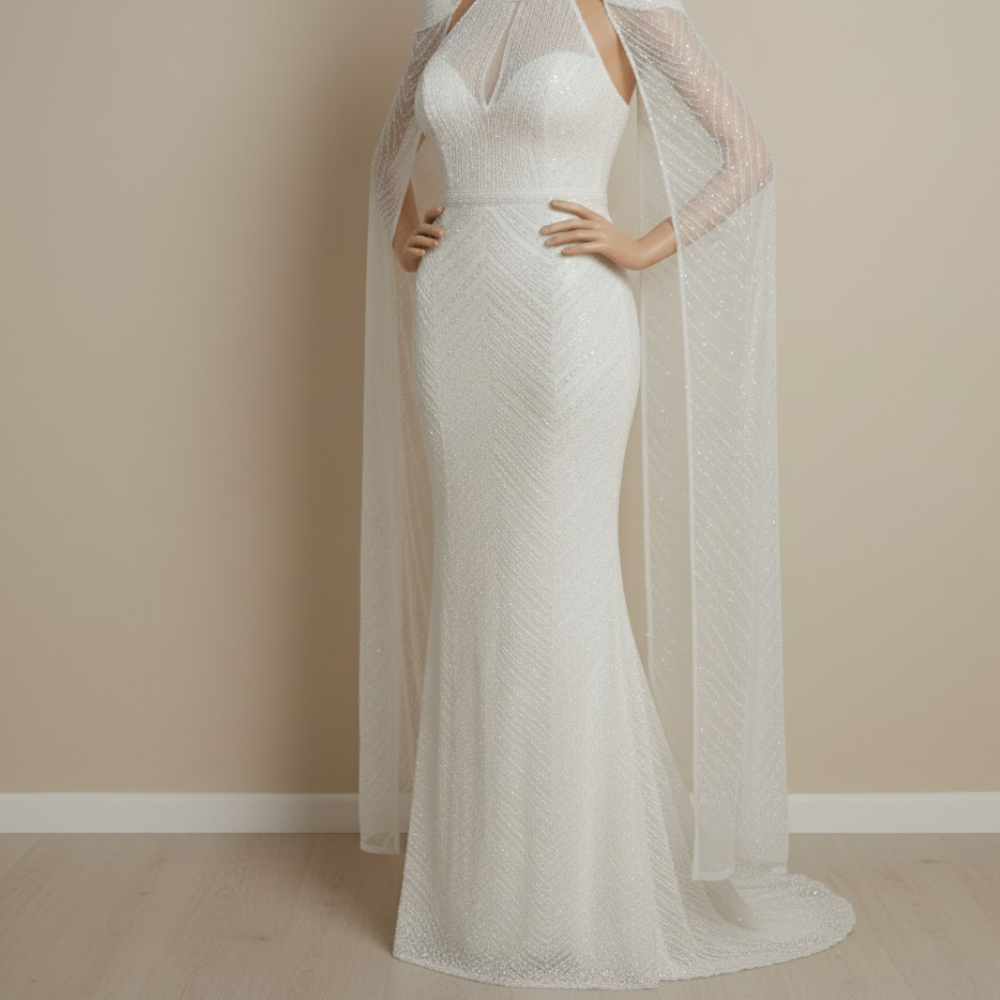 فستان ابيض طويل بتطريز خرز لامع 