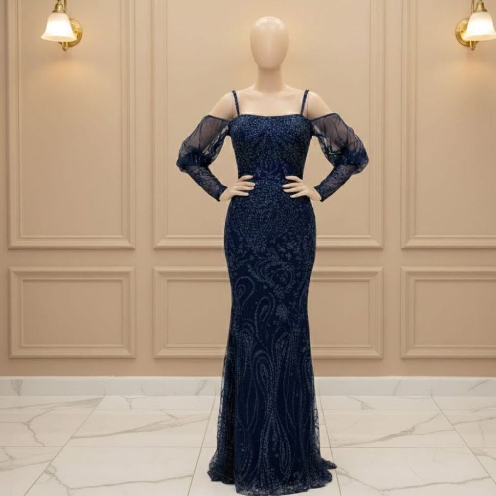 فستان  كحلي تل مطرز