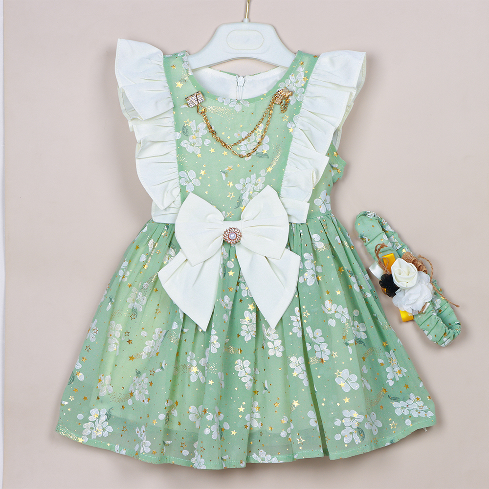 فستان أطفال أخضر مزهر مع فيونكة