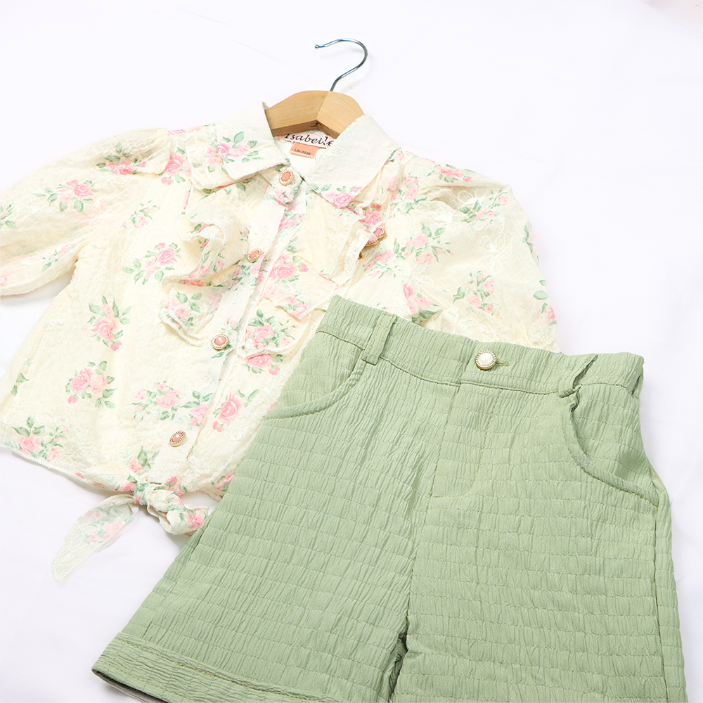 طقم أطفال بناتي مزهر باللون الأخضر