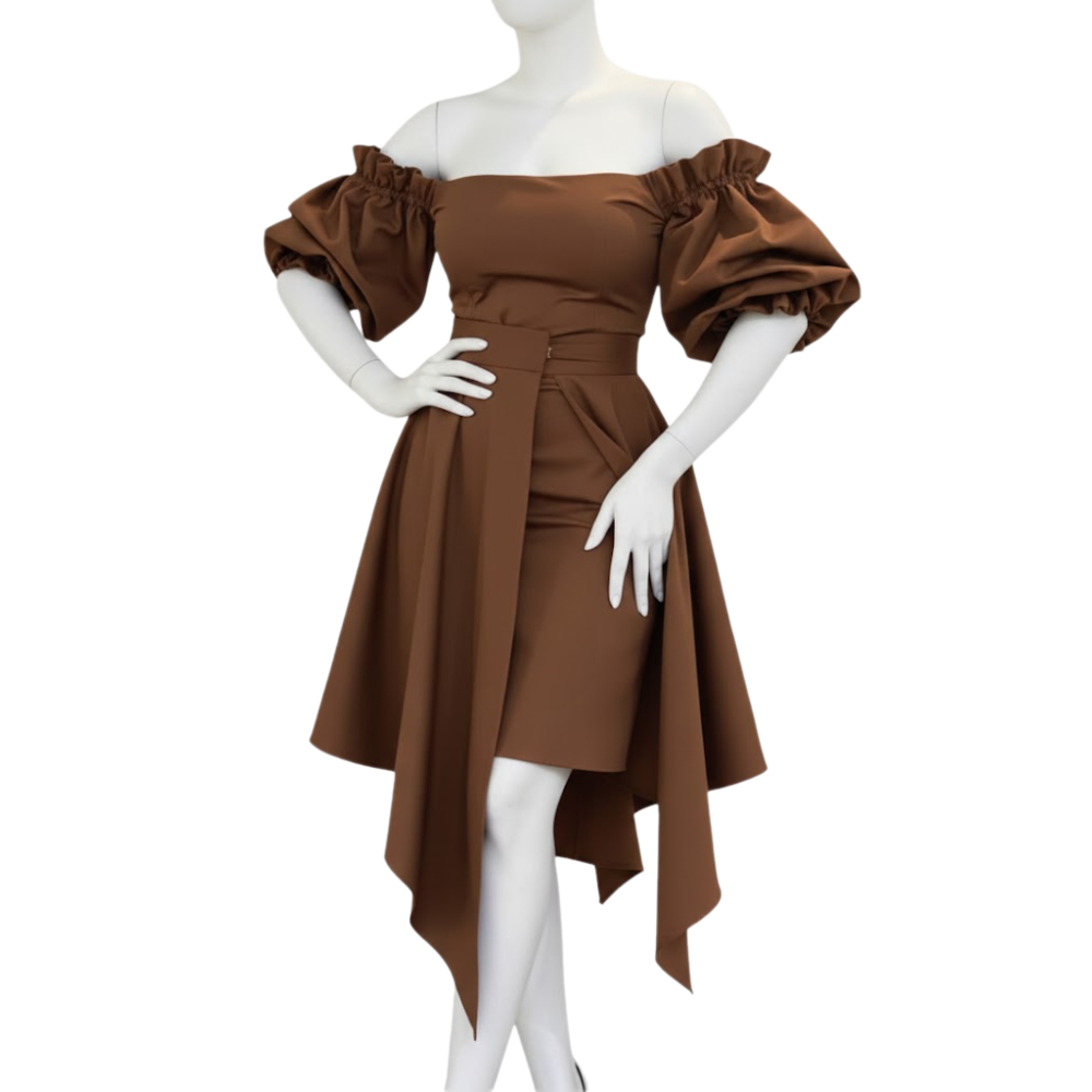 فستان قصير بأكمام منتفخة 