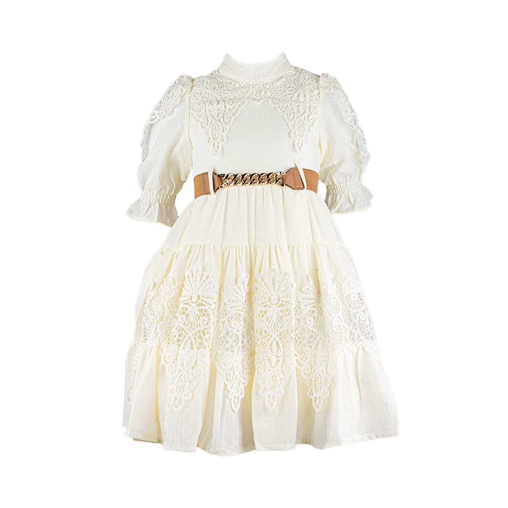 فستان أطفال دانتيل بحزام ذهبي