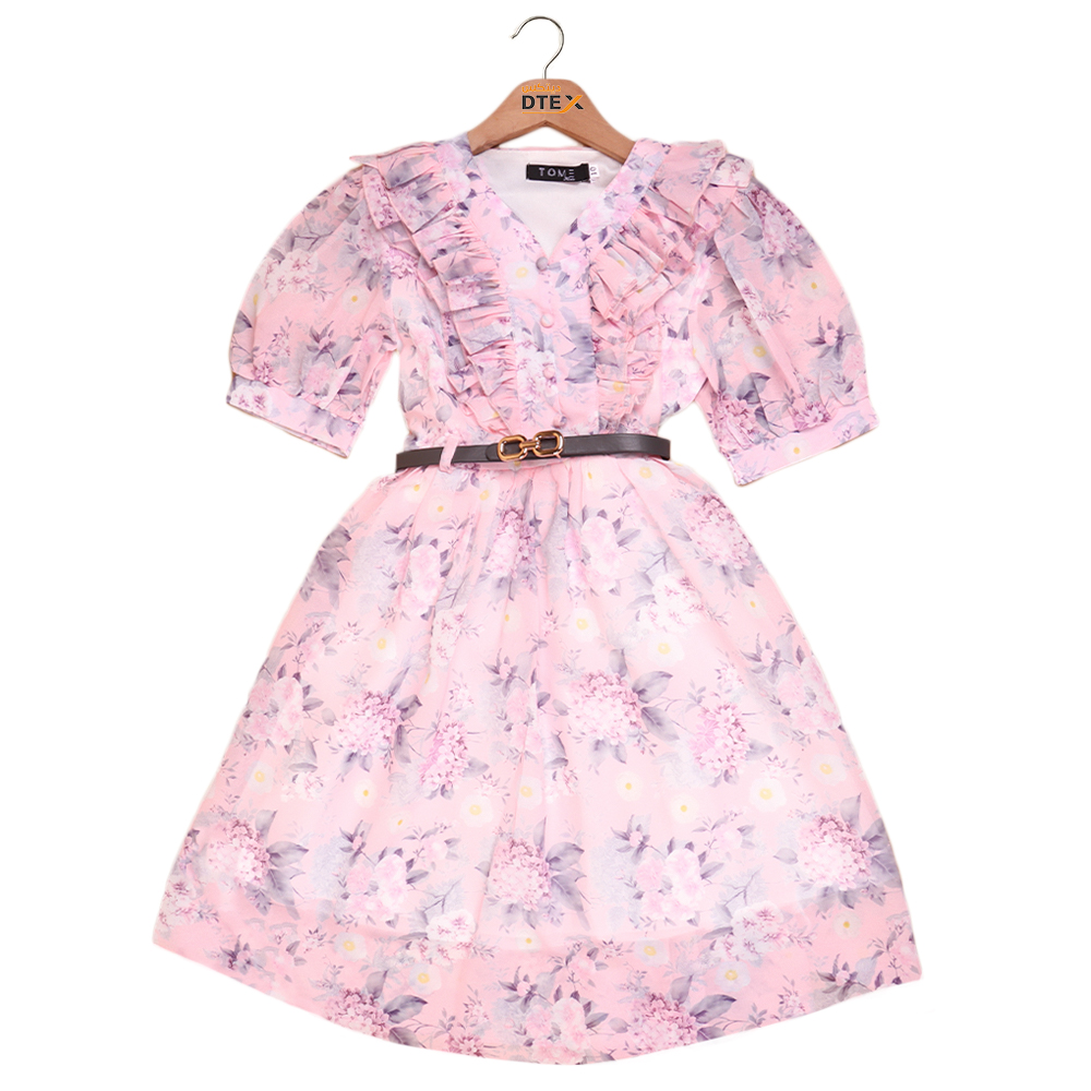 فستان ب زهور  ردي أنيق بنقشة ناعمة