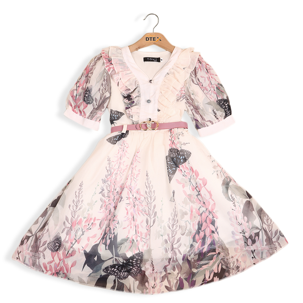 فستان بناتي زهري بطبعة فراشات وأنماط زهور ربيعية