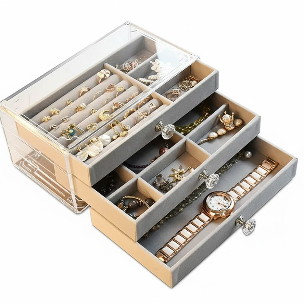 منظم مجوهرات وإكسسوارات أكريليك (ثلاثة أدراج).