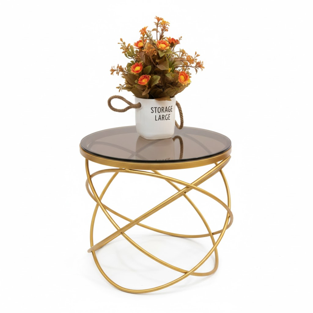 طاولة مجلس بسطح زجاج  وبقاعدة حلزونية