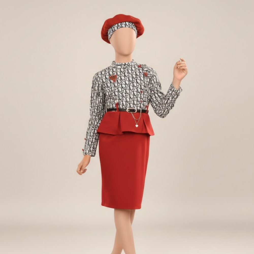  طقم بناتي بنقشة كلاسيكية باللونين الأبيض والأسود 