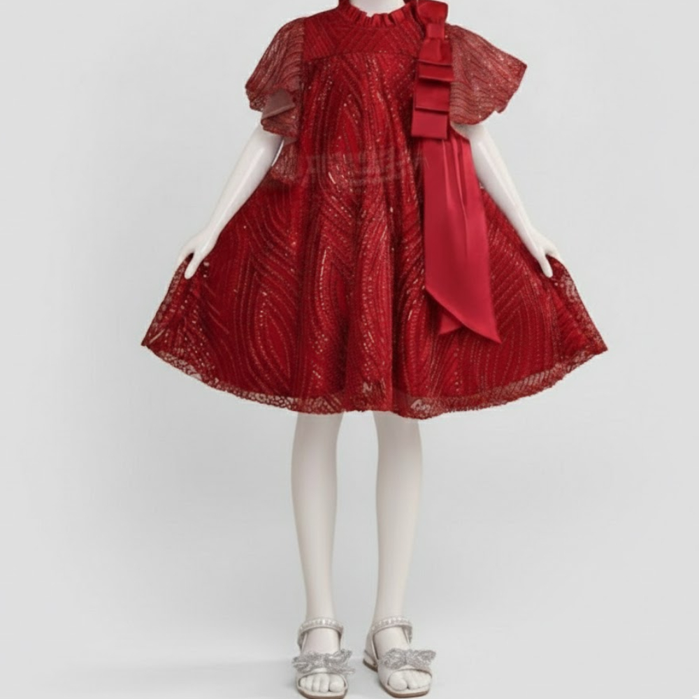 فستان احمر بفيونكة جانبية من الساتان 