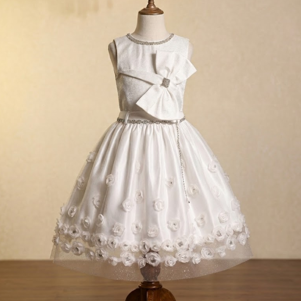 فستان ابيض لؤلؤي بيفونكة على جانب الصدر   