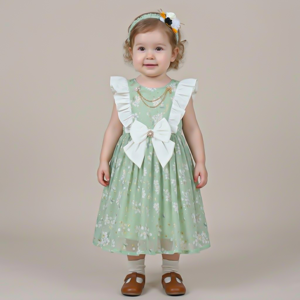 فستان أطفال أخضر مزهر مع فيونكة