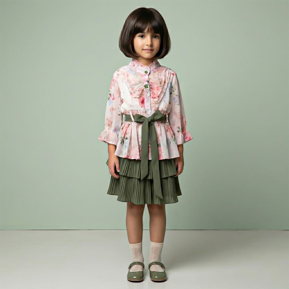 طقم بناتي مزهر أنيق بحزام