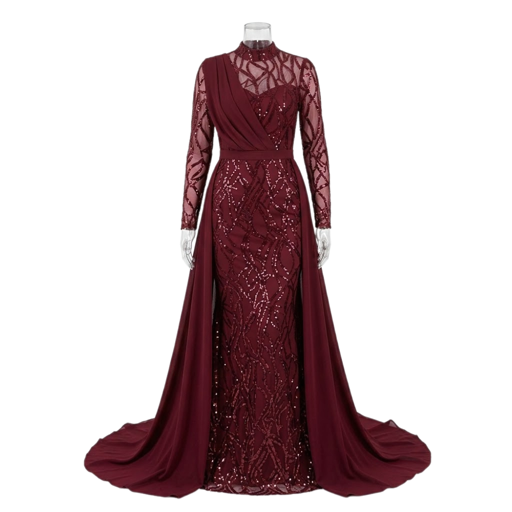  فستان سهرة عنابي مطرز بذيل ملكي وأكمام طويلة