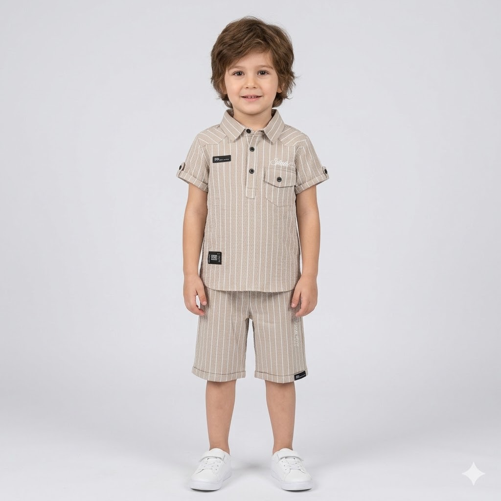 طقم صيفي بقميص مخطط بياقة كلاسيكية