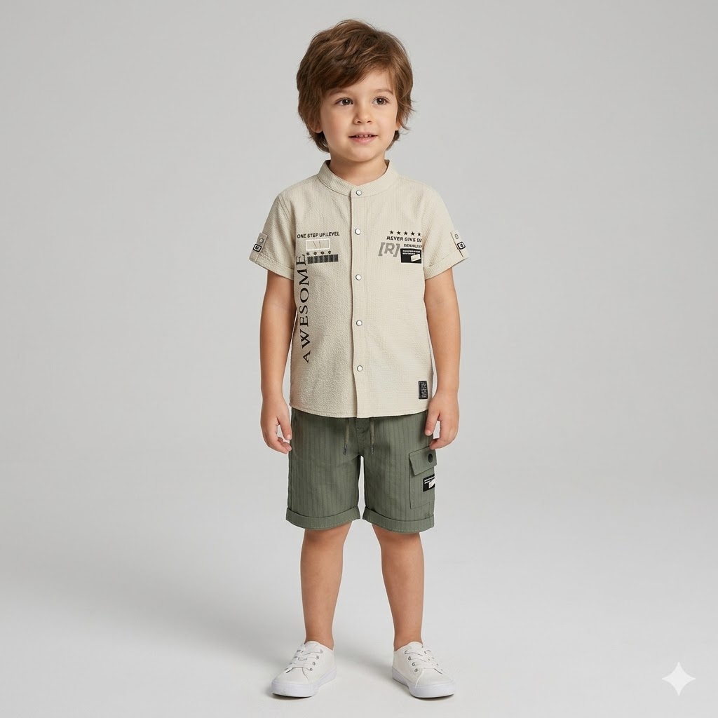 طقم ولادي بقميص بياقة دائرية