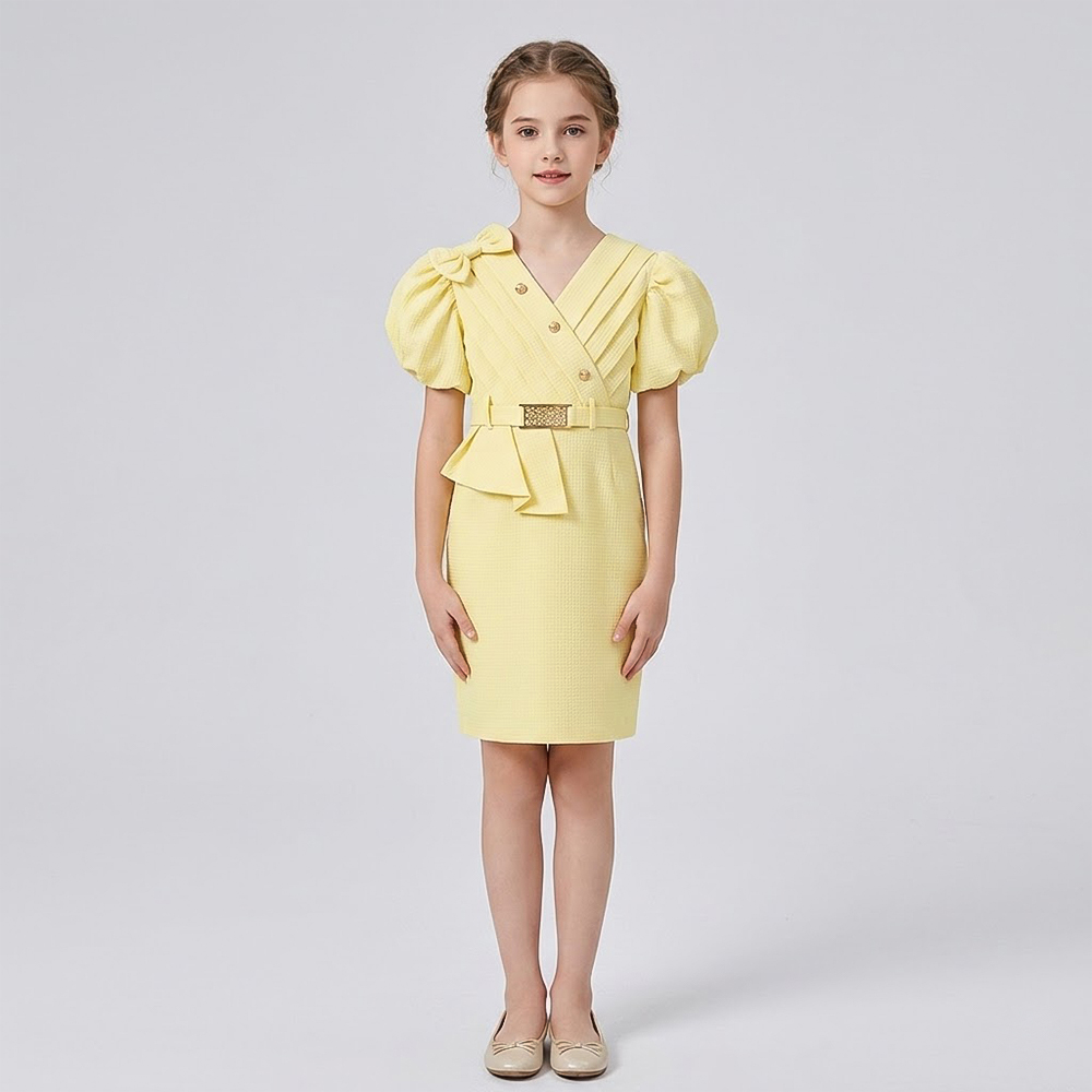 فستان بناتي بحزام مزخرف وفيونكة 