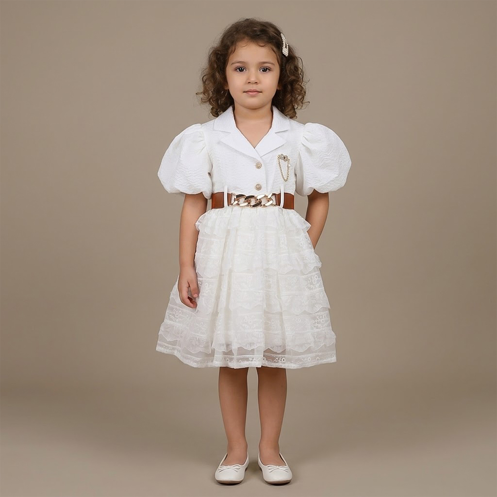 فستان بناتي بحزام جلد 