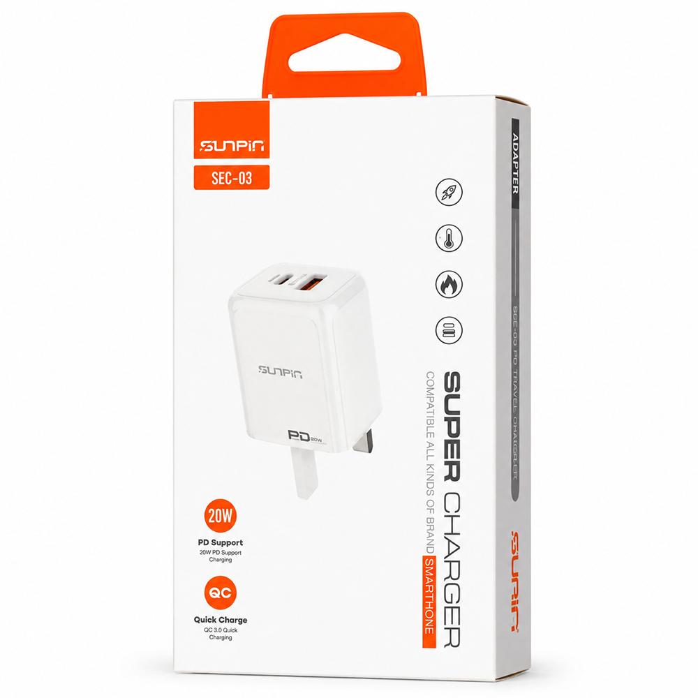 شاحن حائط سريع SUNPIN PD 20W بمنفذ USB-C وUSB-A